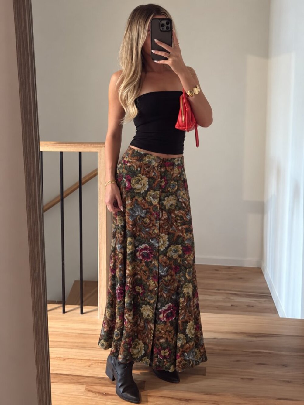 Vintage Floral Midi Skirt Size 13/14 Tan Boho (c1)